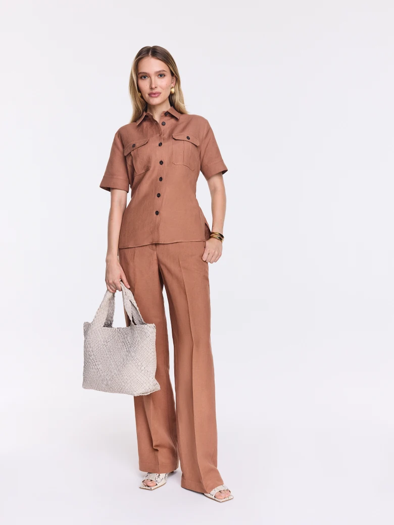 Caramel-colored wide-leg pants with linen