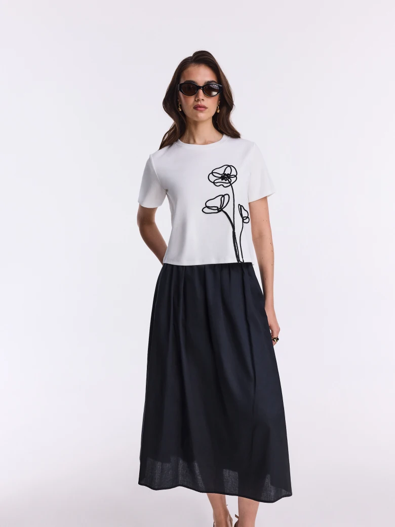 Black cotton high-waisted midi skirt