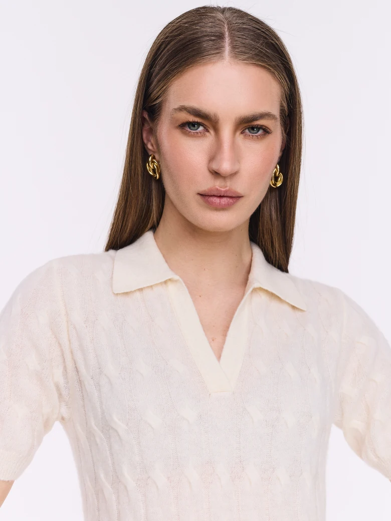 Braided polo sweater with wool, silk, and cashmere