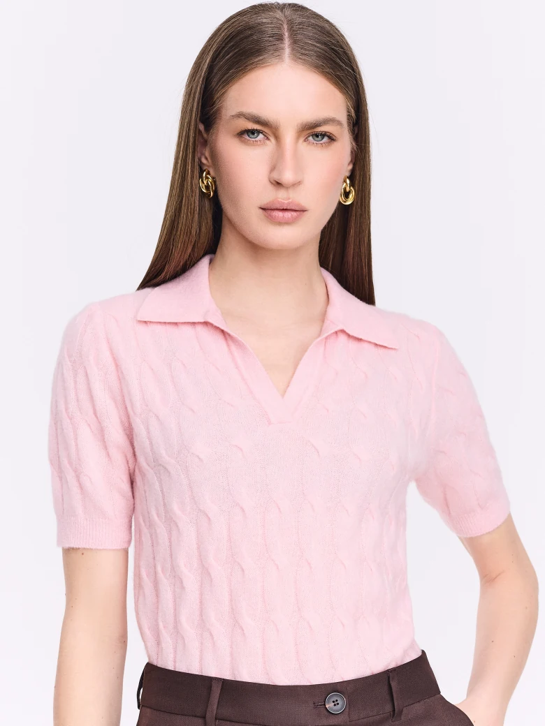 Braided polo sweater with wool, silk, and cashmere