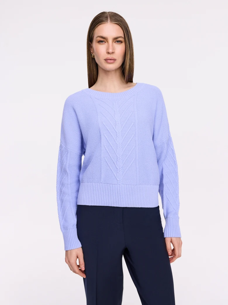 Purple cotton sweater with cable knit pattern
