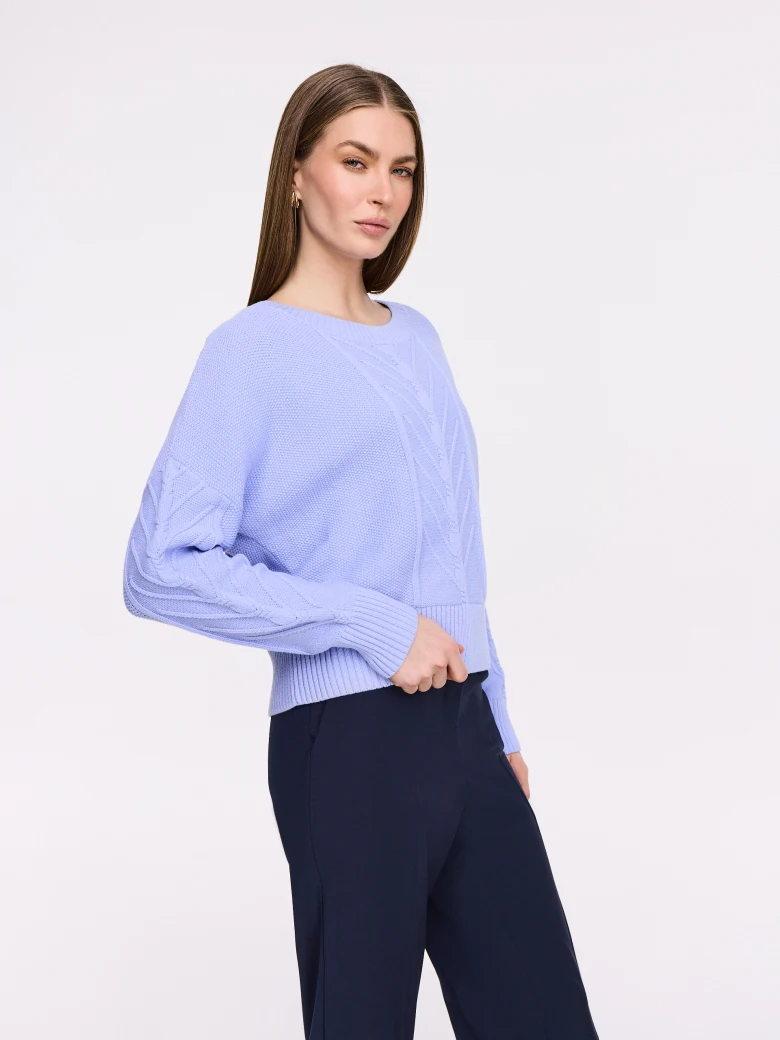 Purple cotton sweater with cable knit pattern