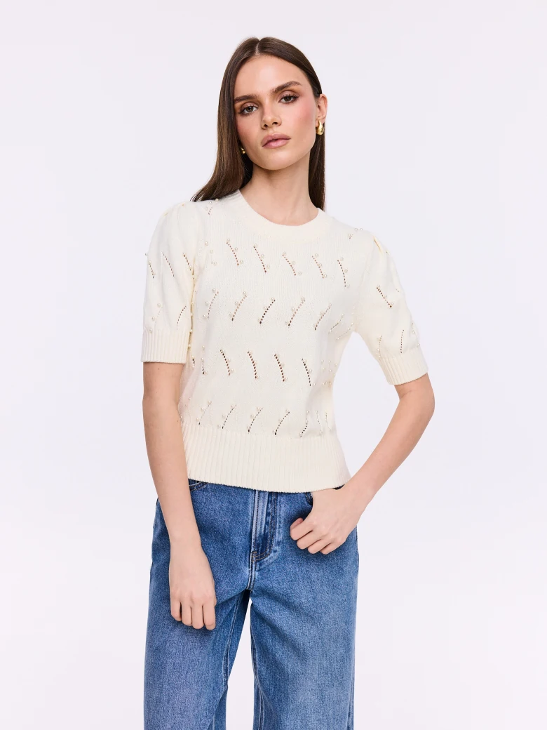 Openwork cream sweater with short sleeves