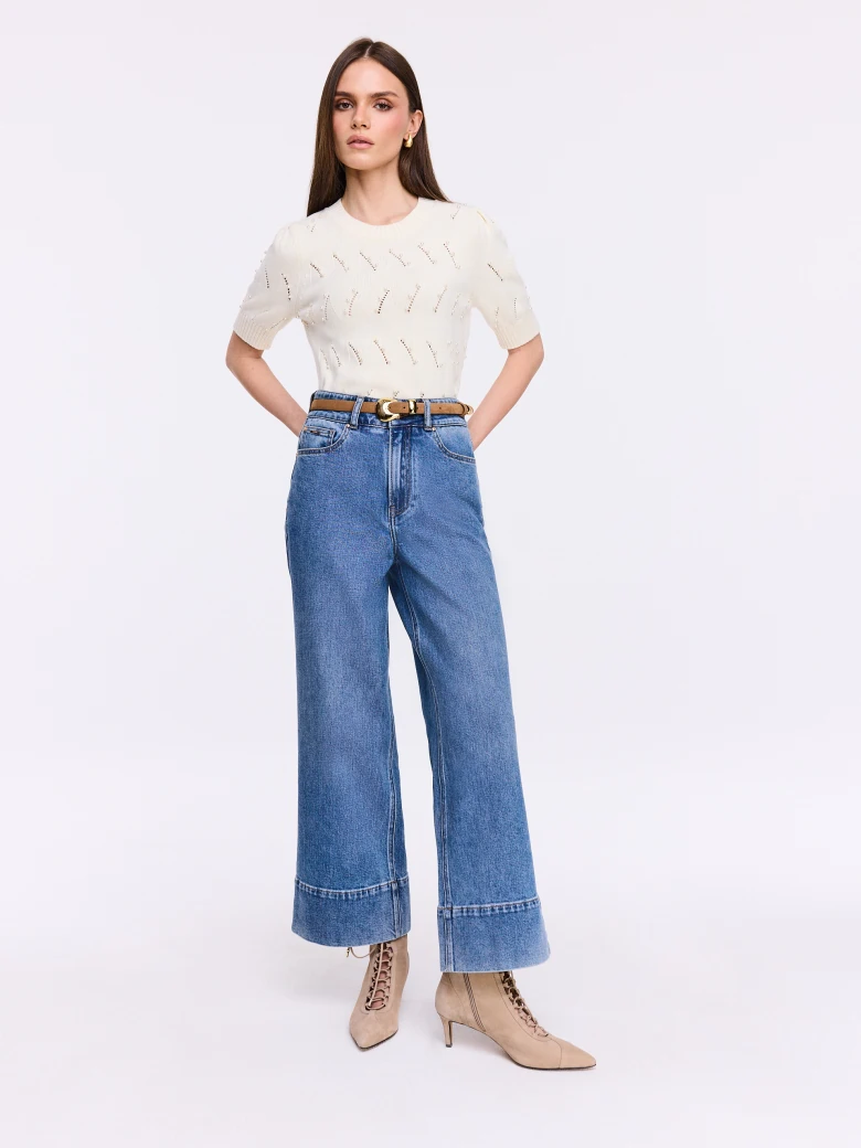 Openwork cream sweater with short sleeves