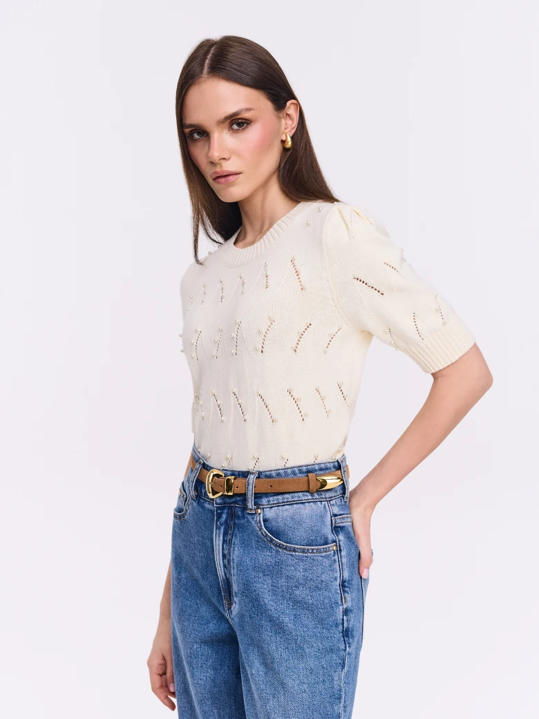 Openwork cream sweater with short sleeves