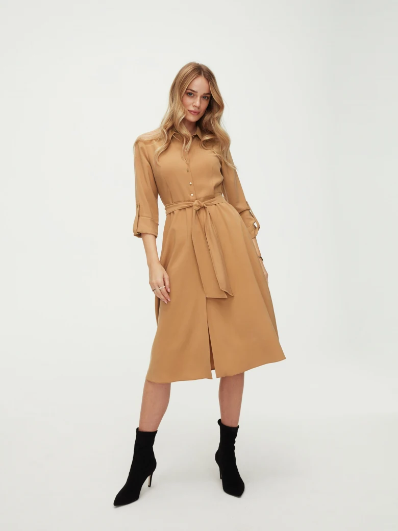 Caramel-colored shirt dress