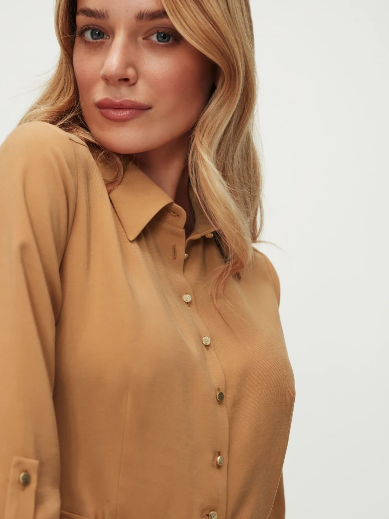 Caramel-colored shirt dress