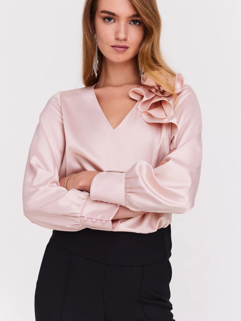 Pink satin blouse with flower