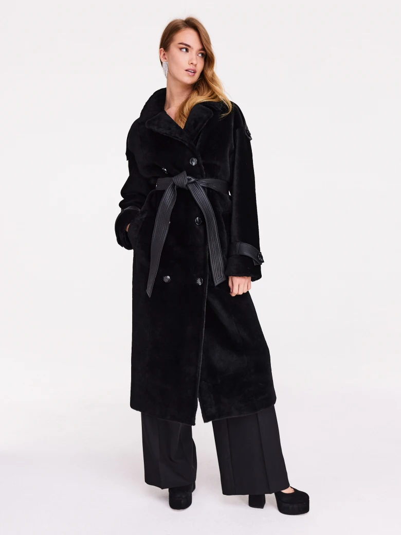 Black genuine leather sheepskin coat with double-breasted closure