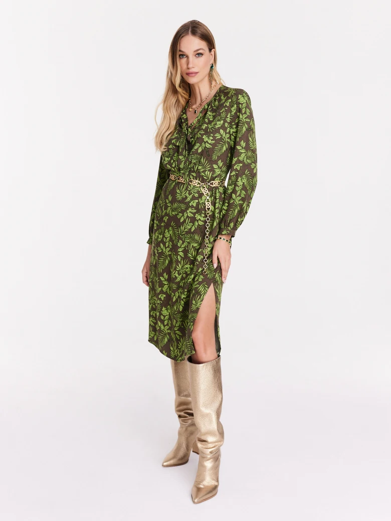 Brown dress with green leaf pattern