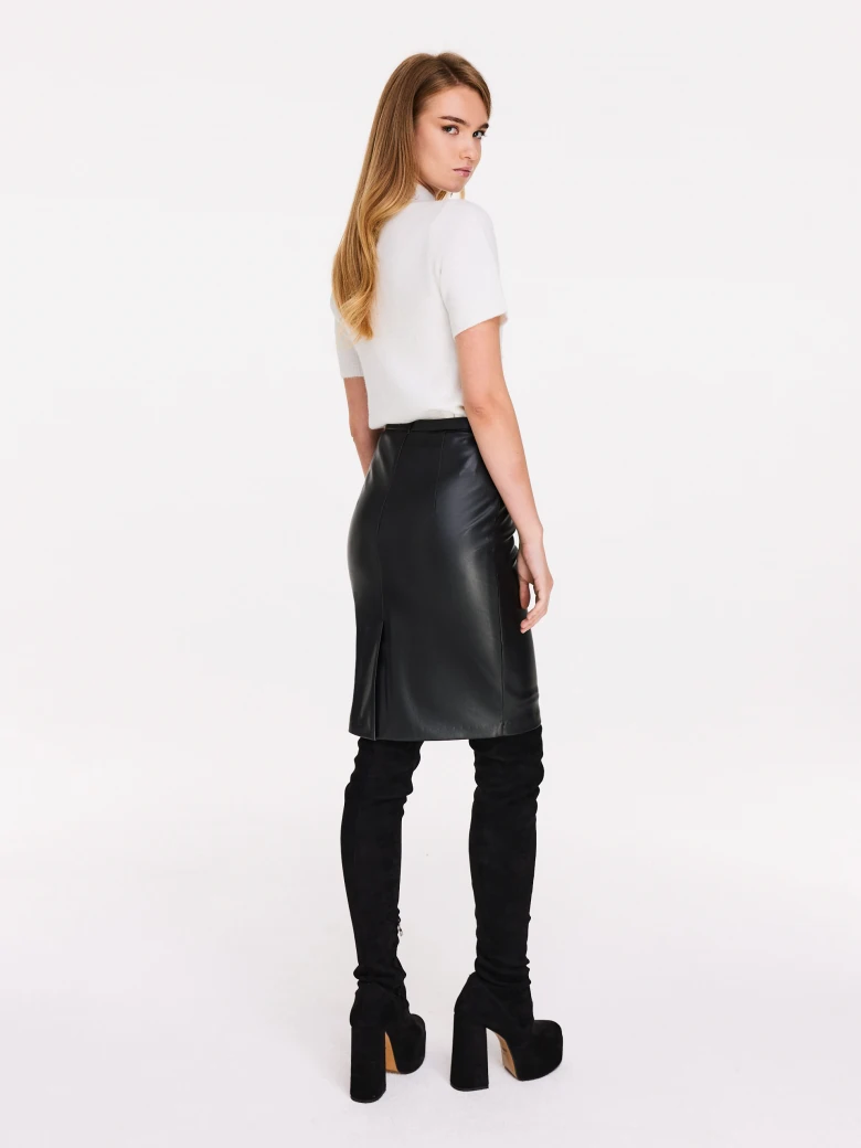 Black above the knee faux leather skirt