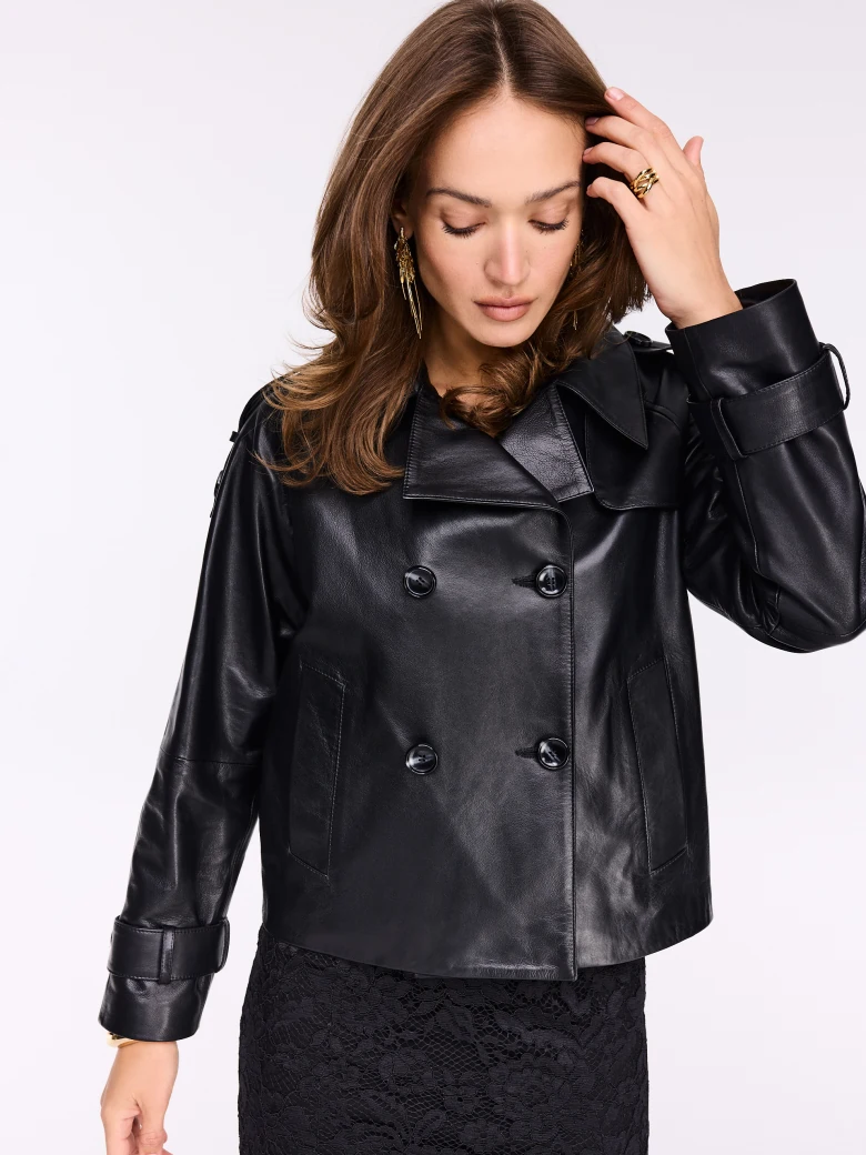 Black leather jacket with double-breasted fastening