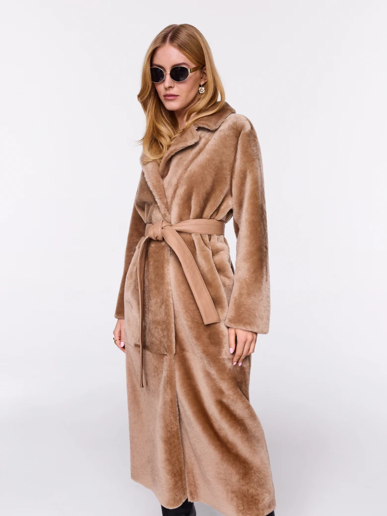 Long beige merino leather coat
