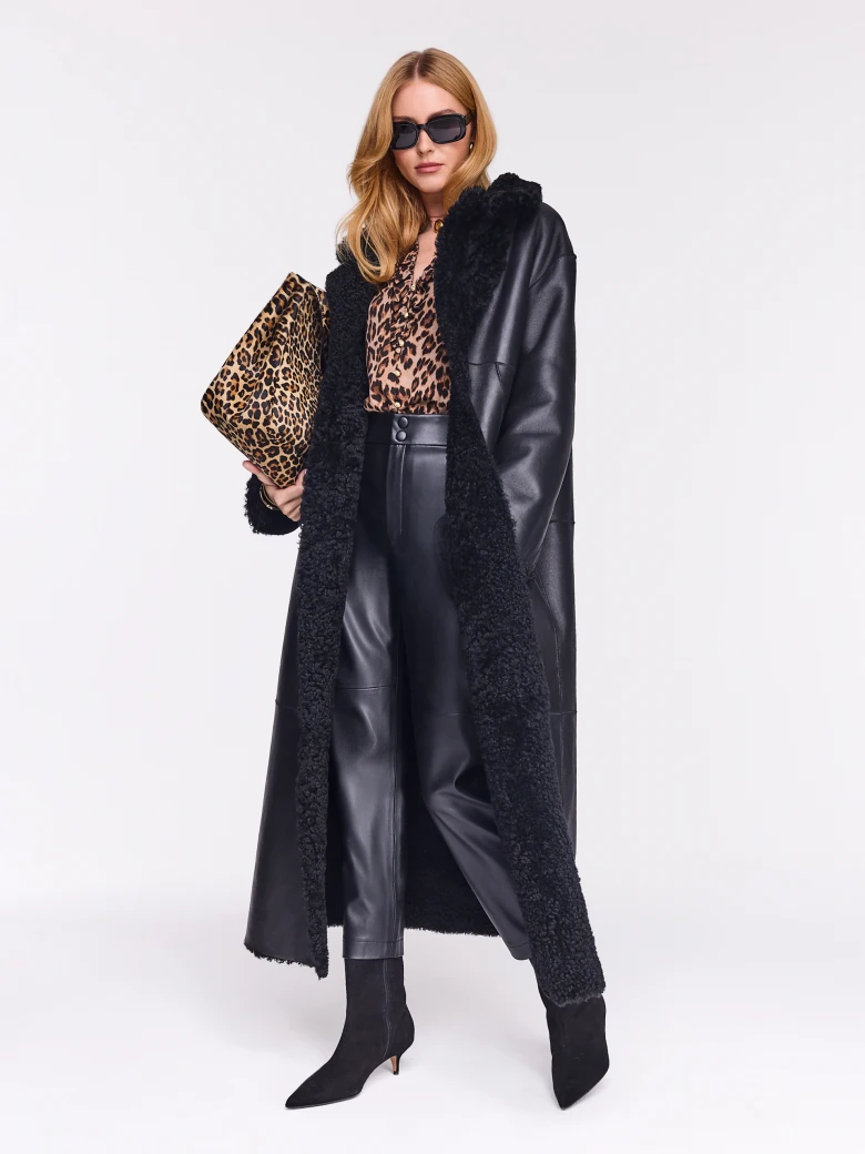 Long merino leather coat in black