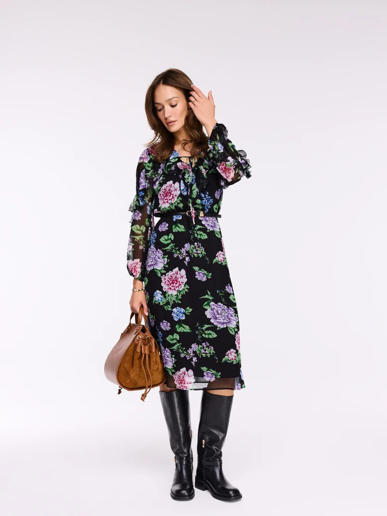 Long black floral viscose dress