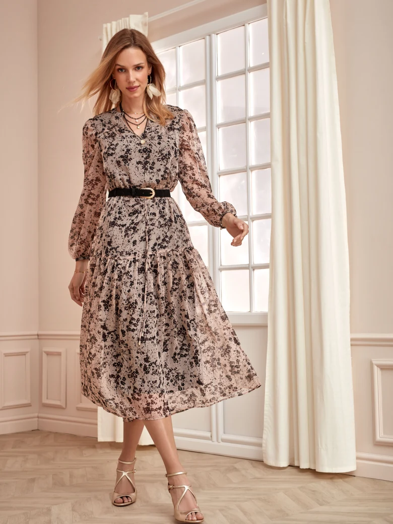 MIDI DRESS WITH LONG SLEEVES IN PEACH COLOR