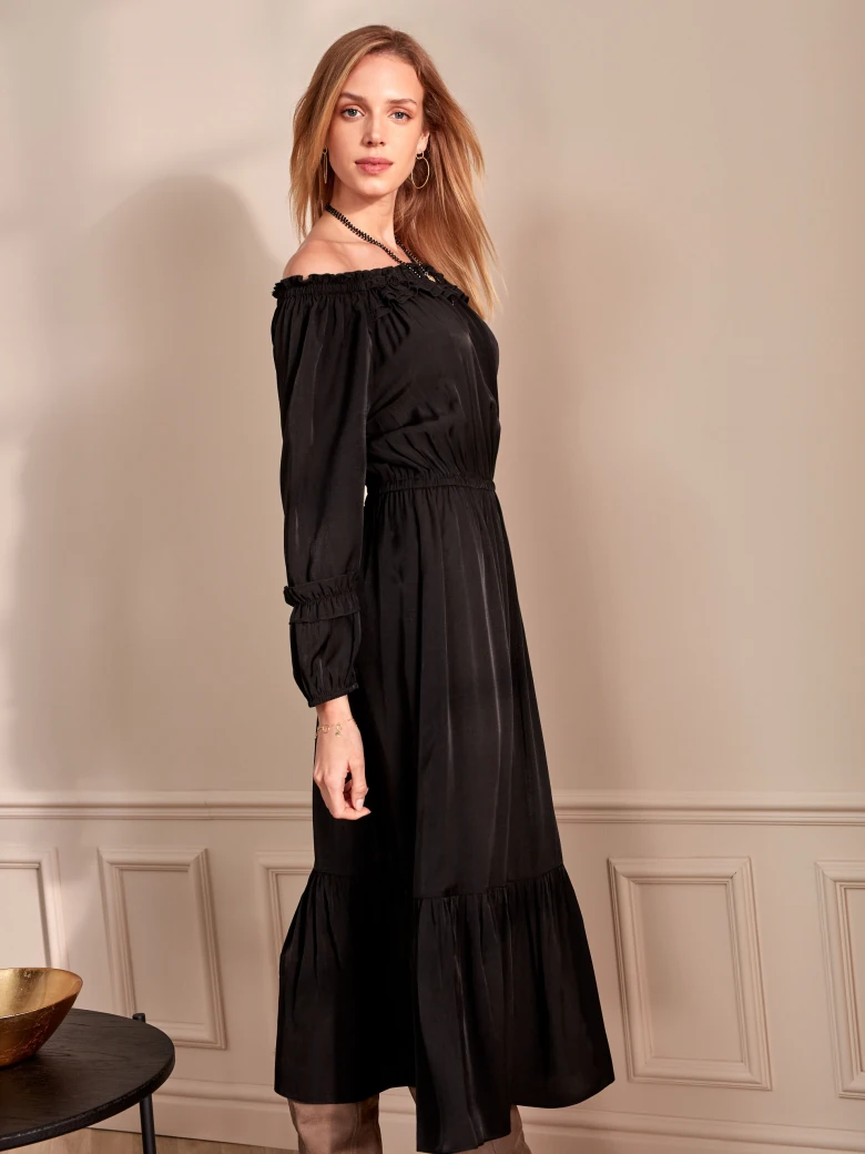 BLACK MIDI DRESS WITH OPEN SHOULDERS