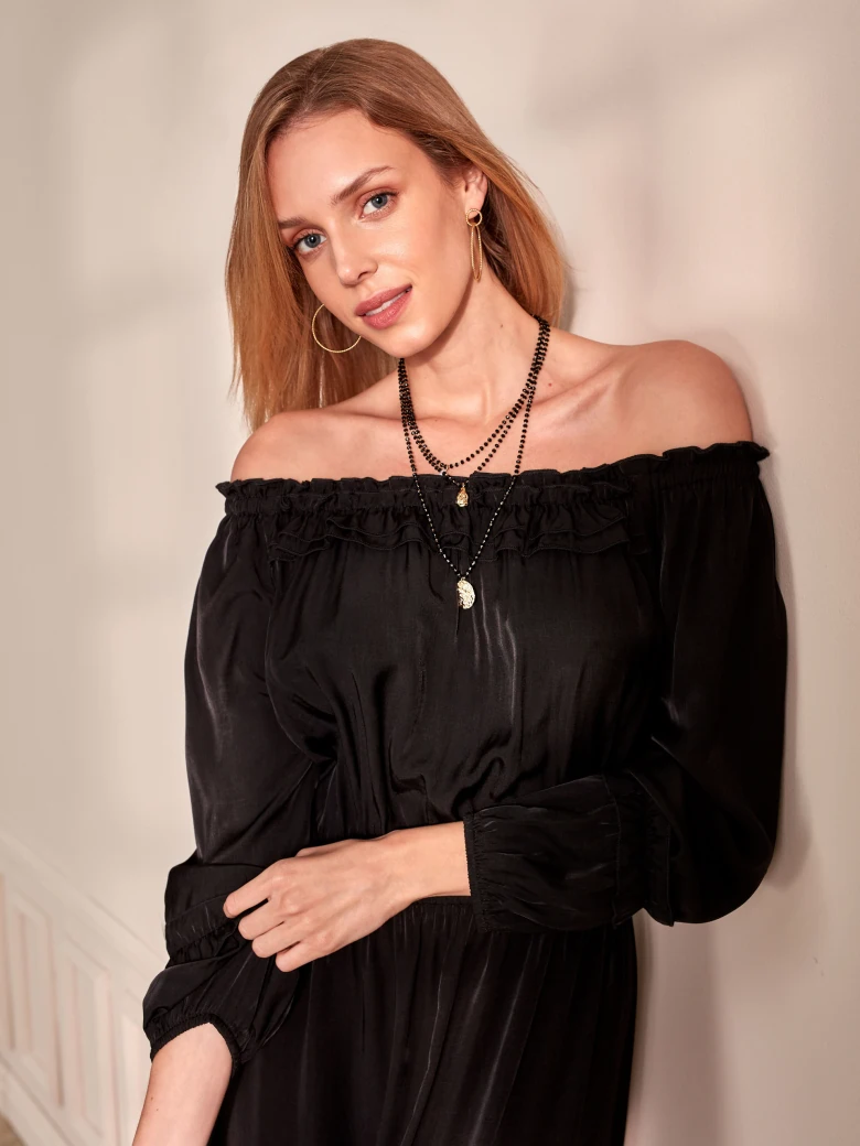 BLACK MIDI DRESS WITH OPEN SHOULDERS