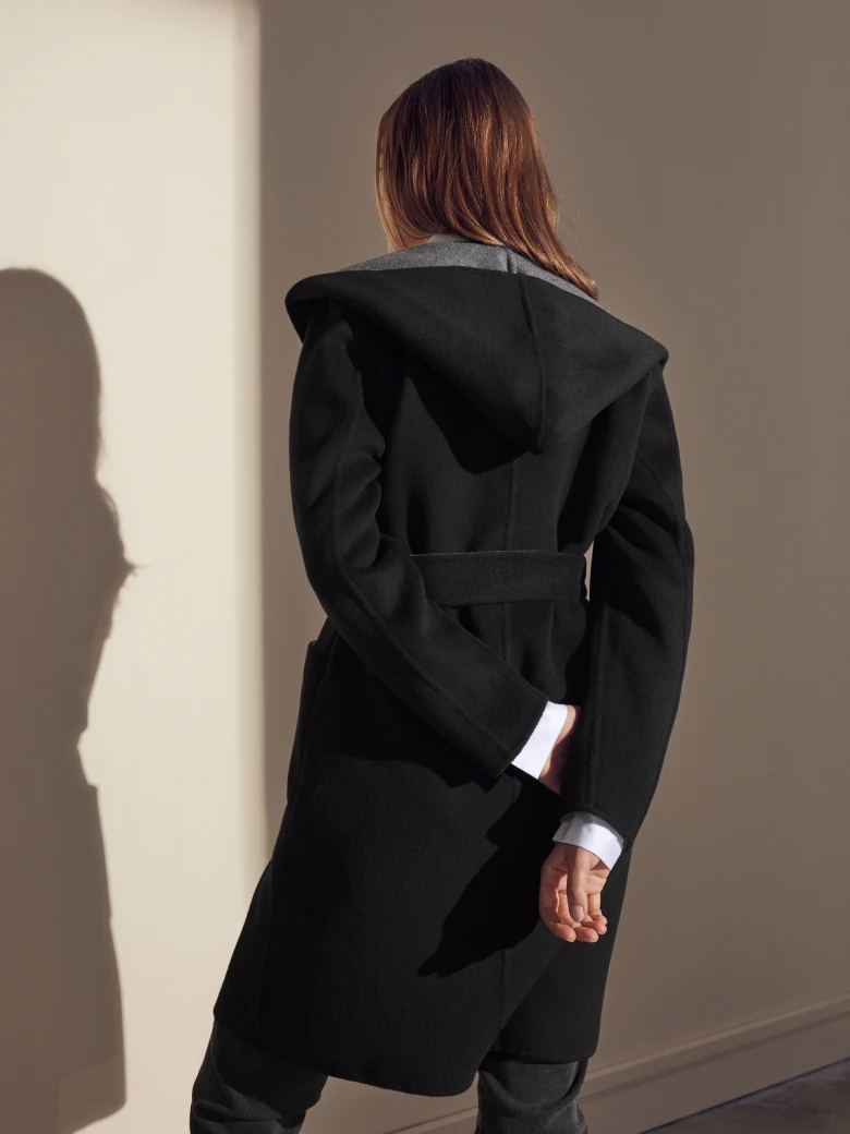 BLACK WOOL COAT WITH HOOD