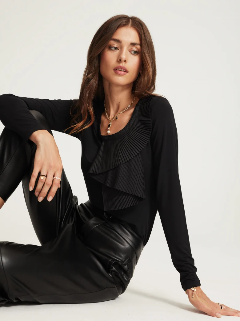 Black blouse with asymmetrical jabot
