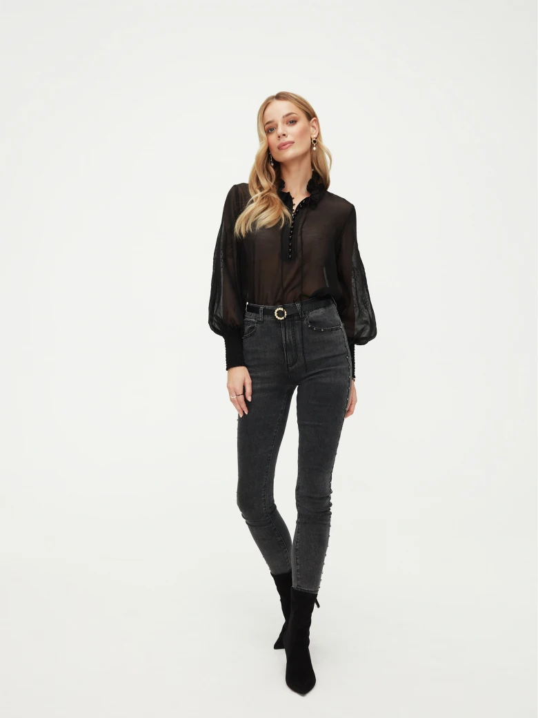 Black see through blouse with puff sleeves