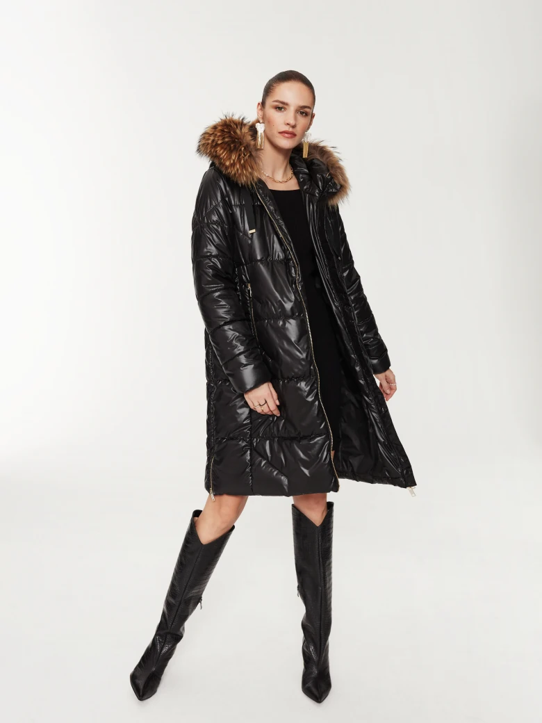 Black quilted coat with hood