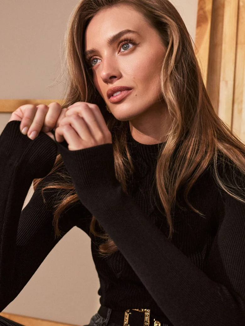 Black fitted sweater with half turtleneck