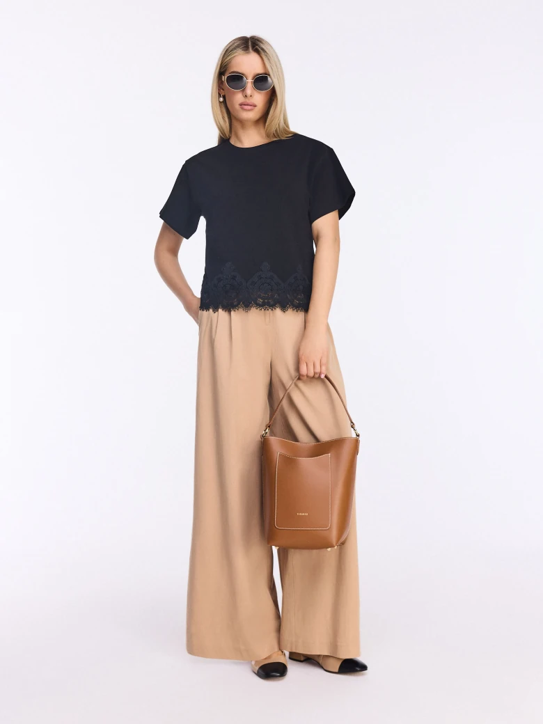 Black short sleeve blouse with lace trim