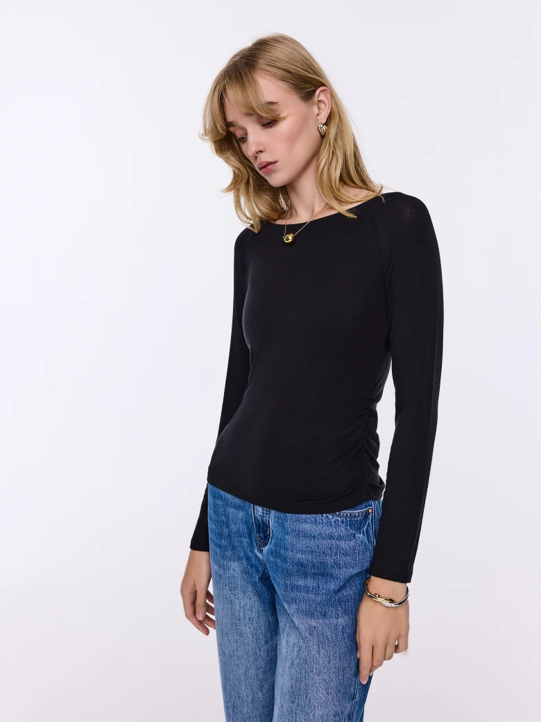 Black long-sleeved blouse with lyocell, wool, and cashmere
