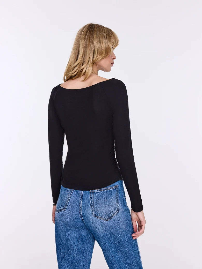 Black long-sleeved blouse with lyocell, wool, and cashmere