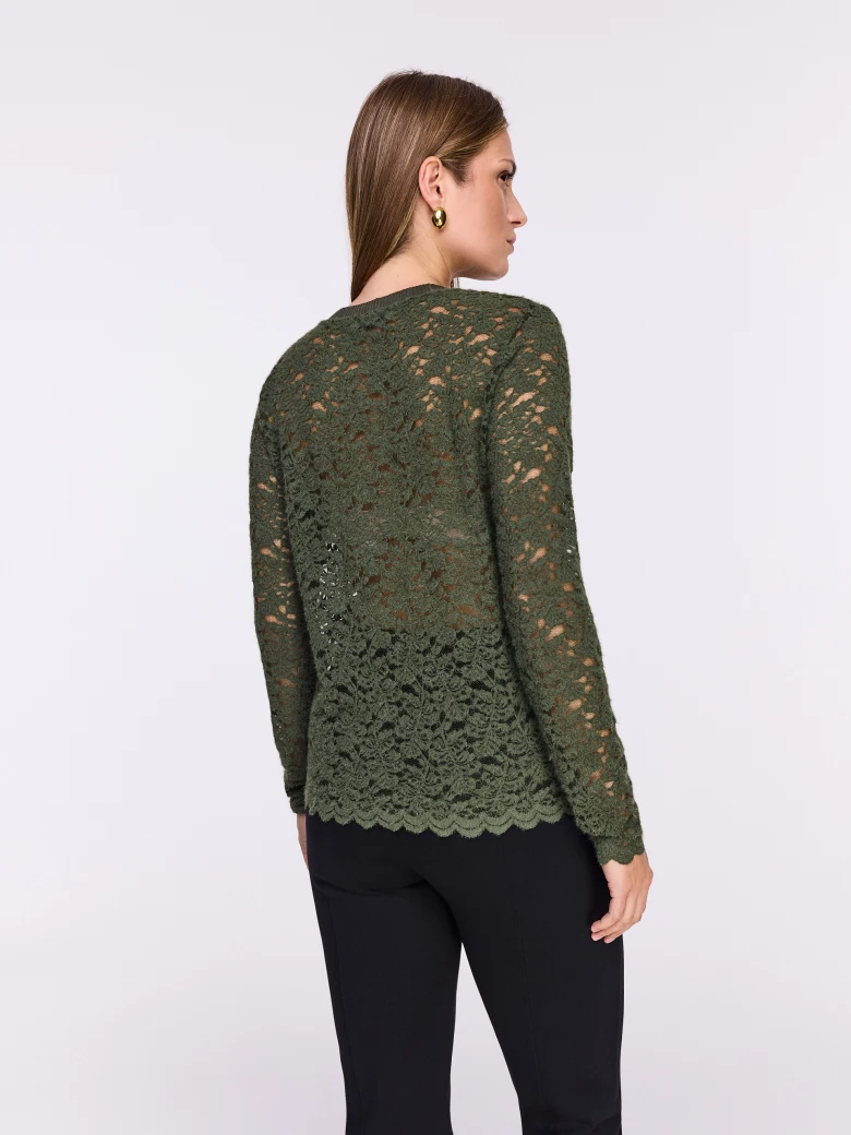 Olive openwork blouse with long sleeves