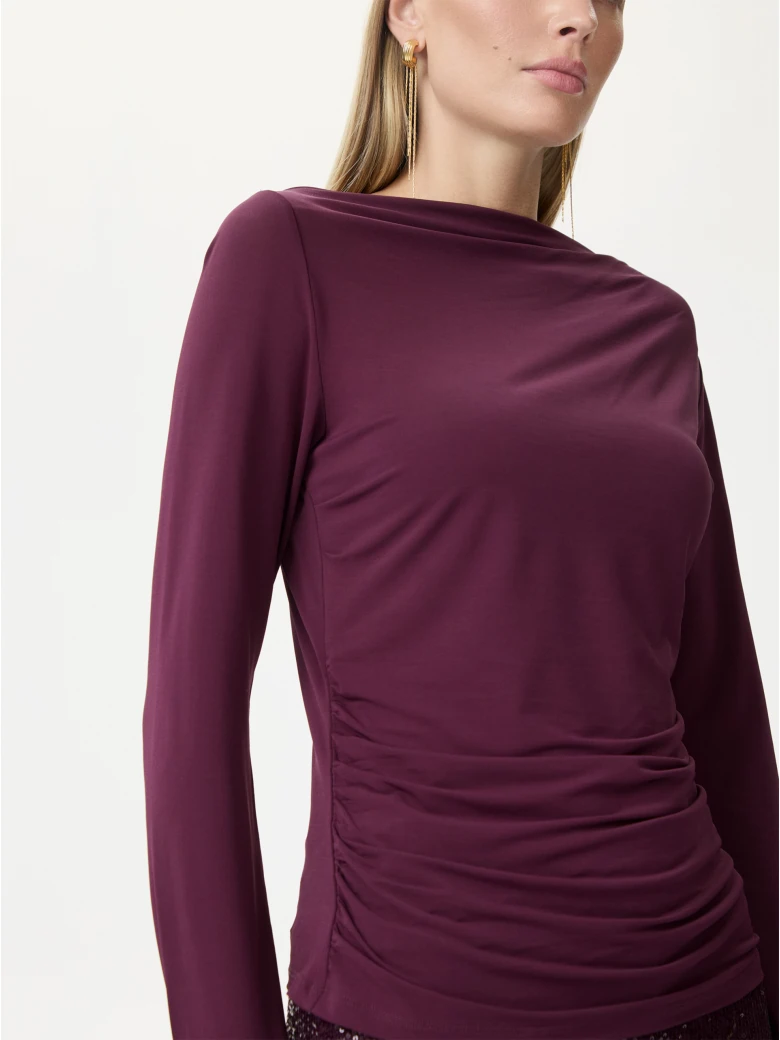 Burgundy blouse with a cowl neckline