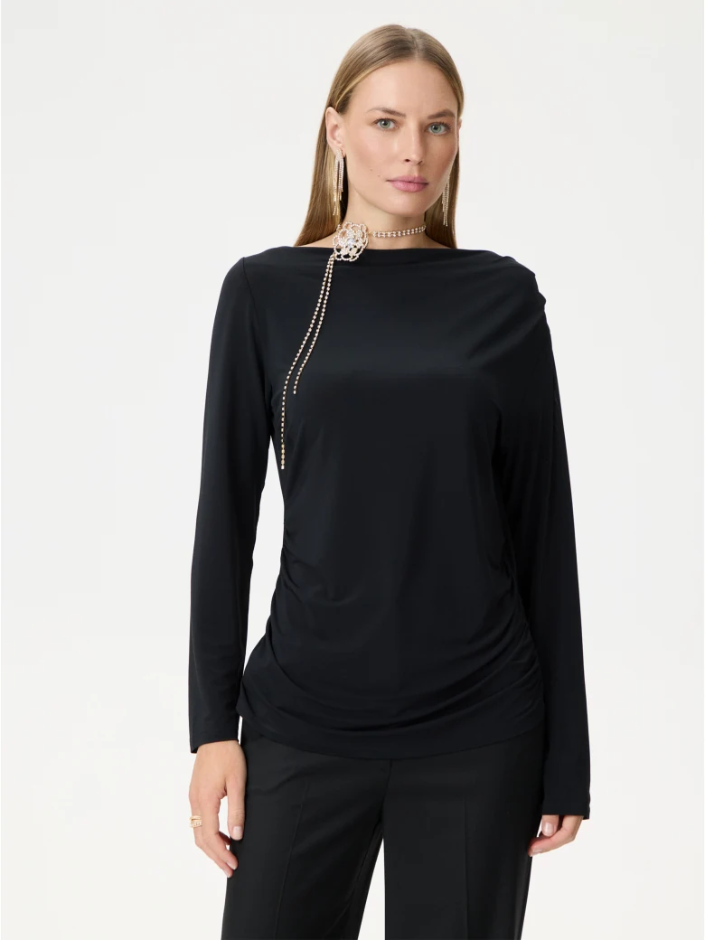 Black blouse with a cowl neckline