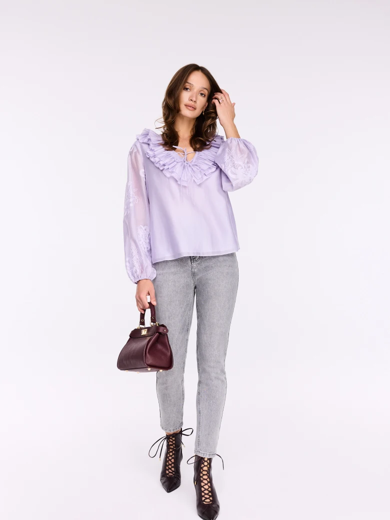 Lilac lyocell blouse with frill and tie