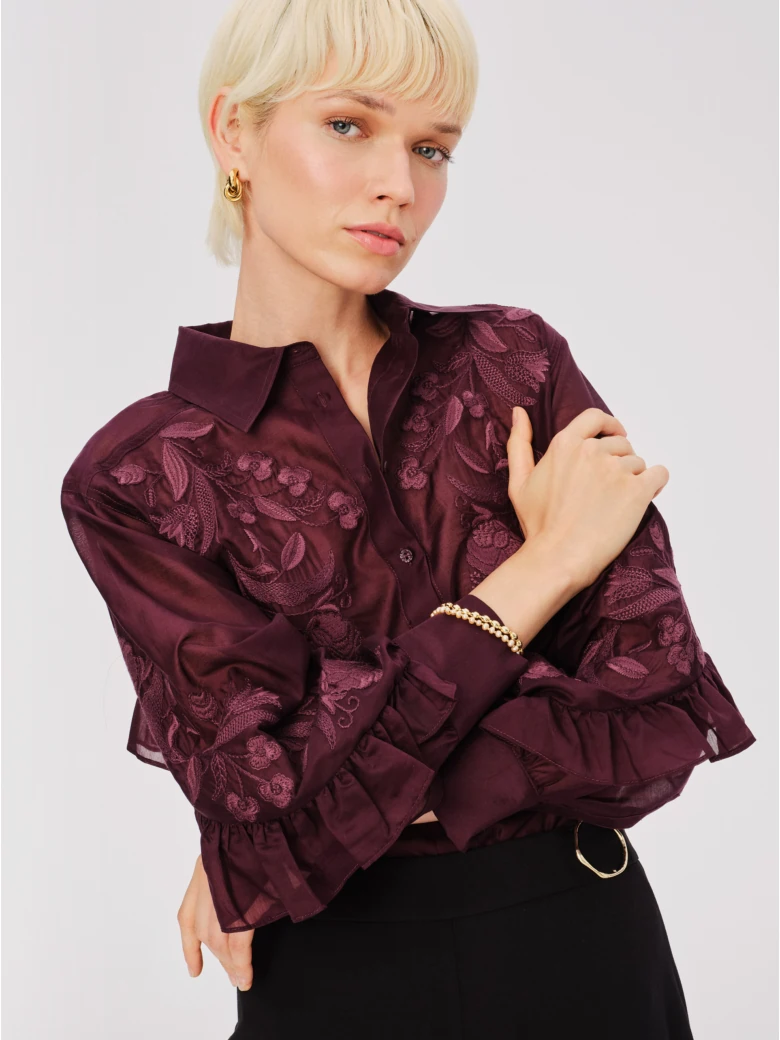 Transparent burgundy lyocell shirt with embroidery