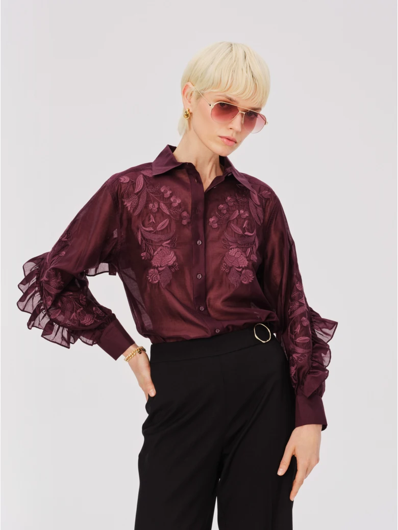 Transparent burgundy lyocell shirt with embroidery