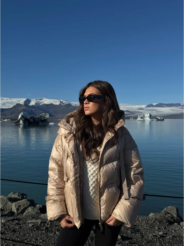 Beige down jacket with hood