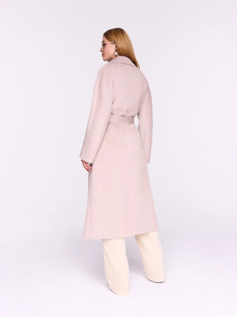 Powder pink alpaca and wool coat with a belt at the waist