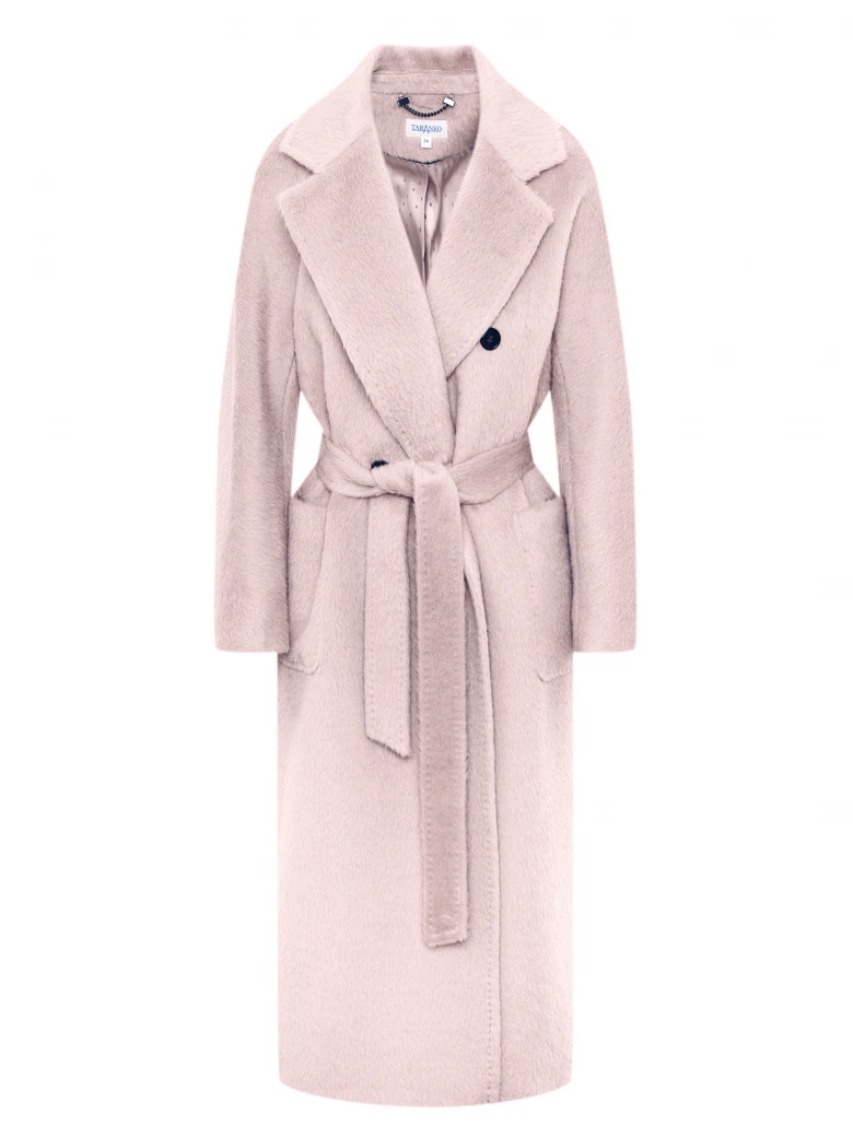 Powder pink alpaca and wool coat with a belt at the waist