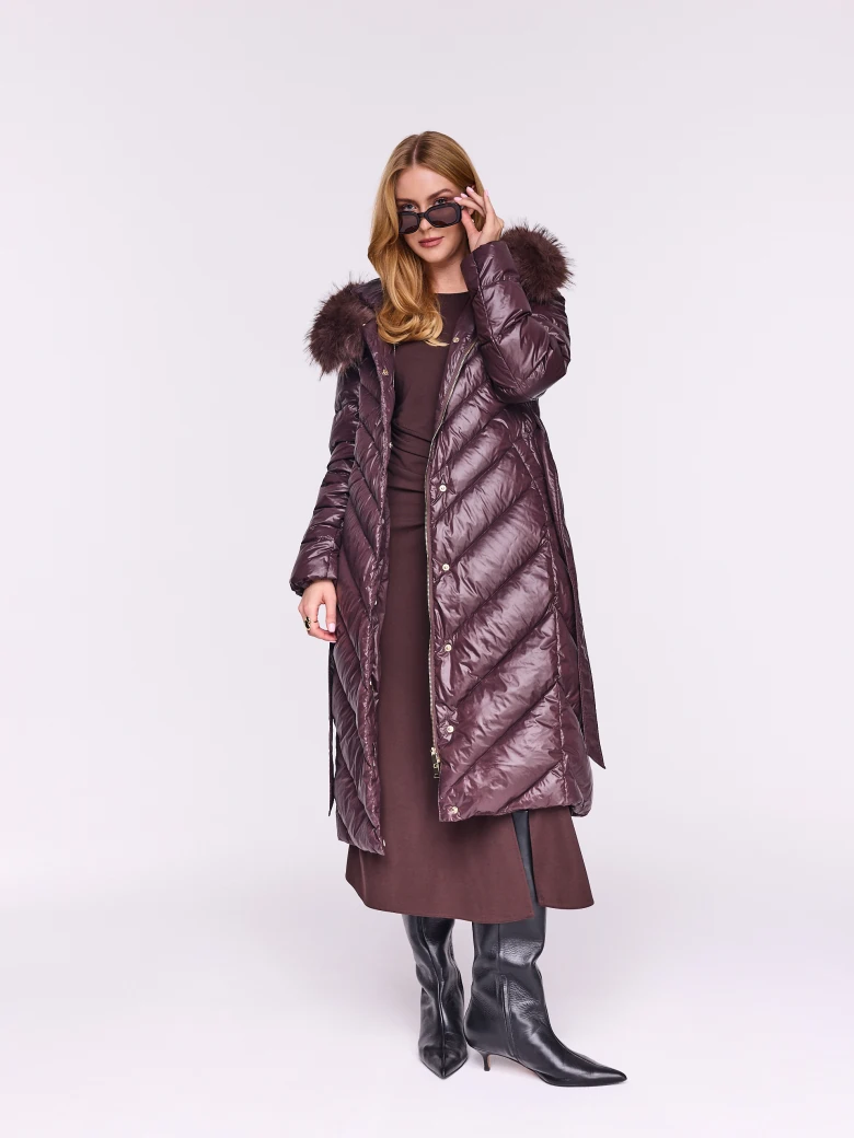 Long down coat with hood in burgundy color
