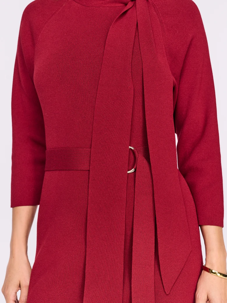 Burgundy knit dress with a tie at the neckline