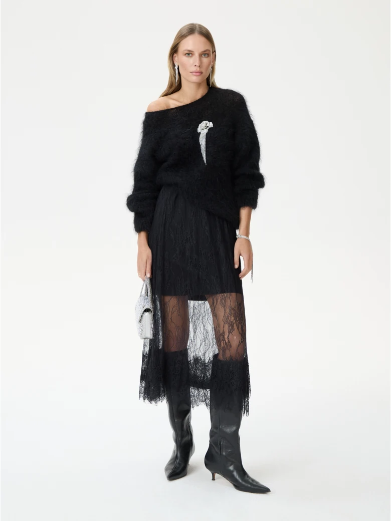 Black midi skirt with lace trim