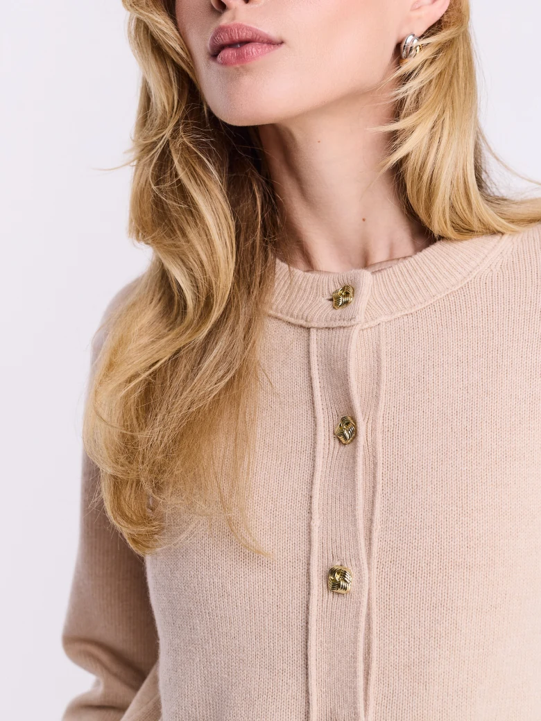 Beige cardigan with gold buttons and cashmere accents