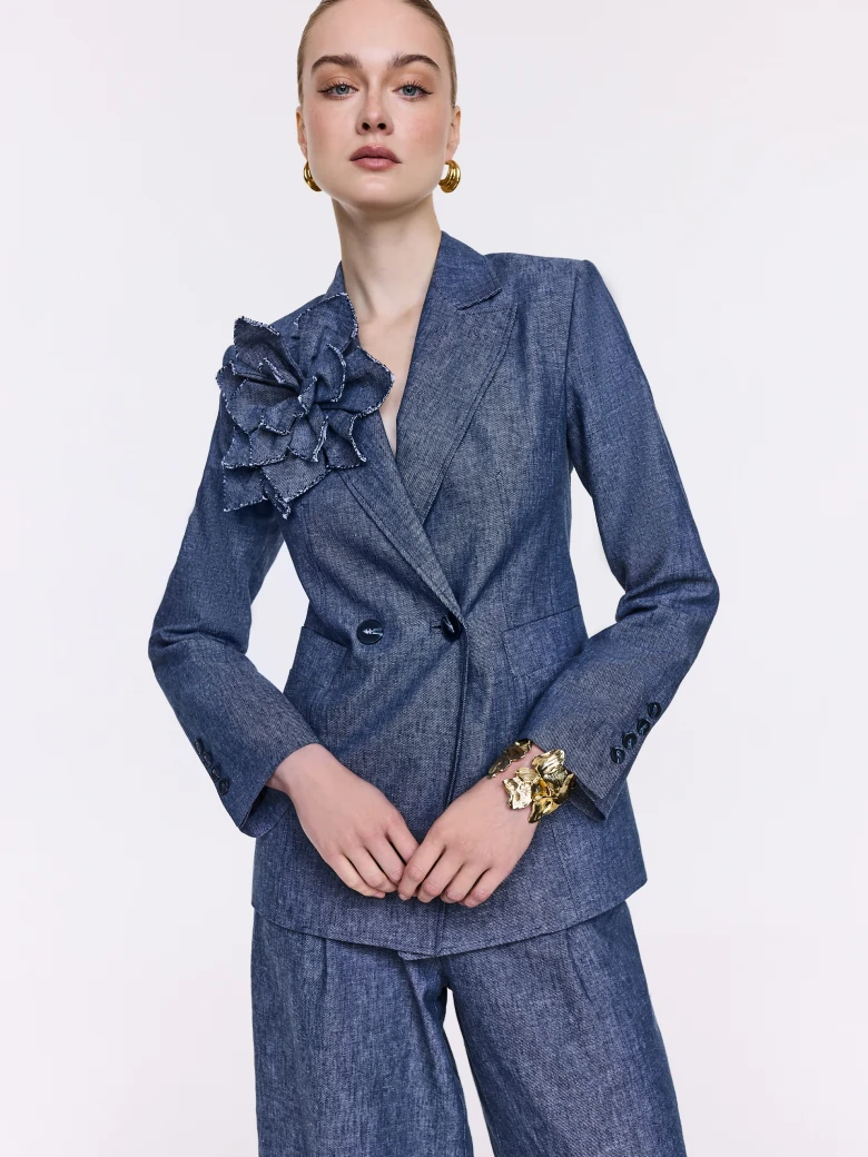 Navy blue linen and cotton blazer with a decorative flower