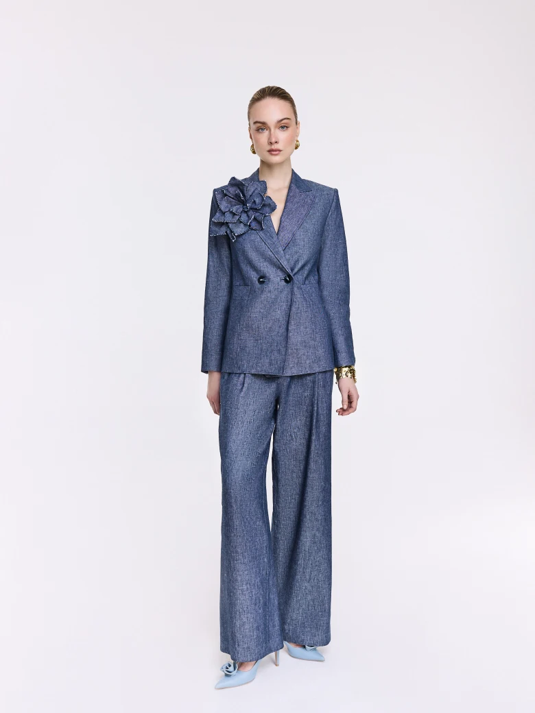 Navy blue linen and cotton blazer with a decorative flower