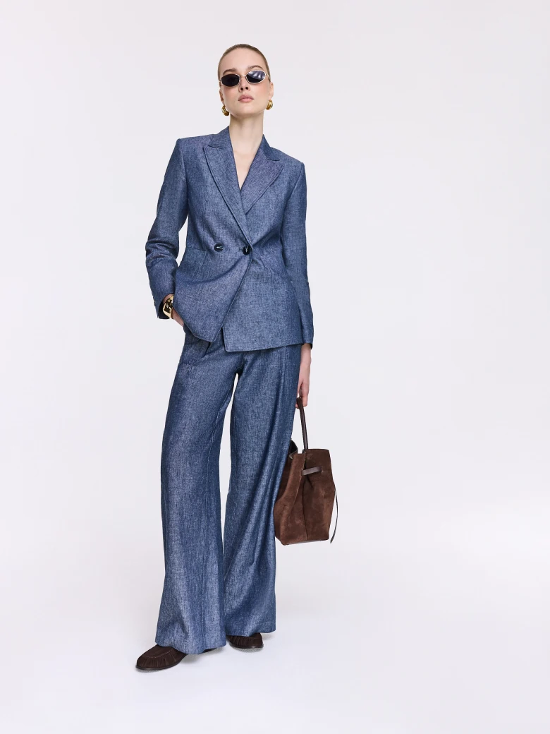 Navy blue linen and cotton blazer with a decorative flower