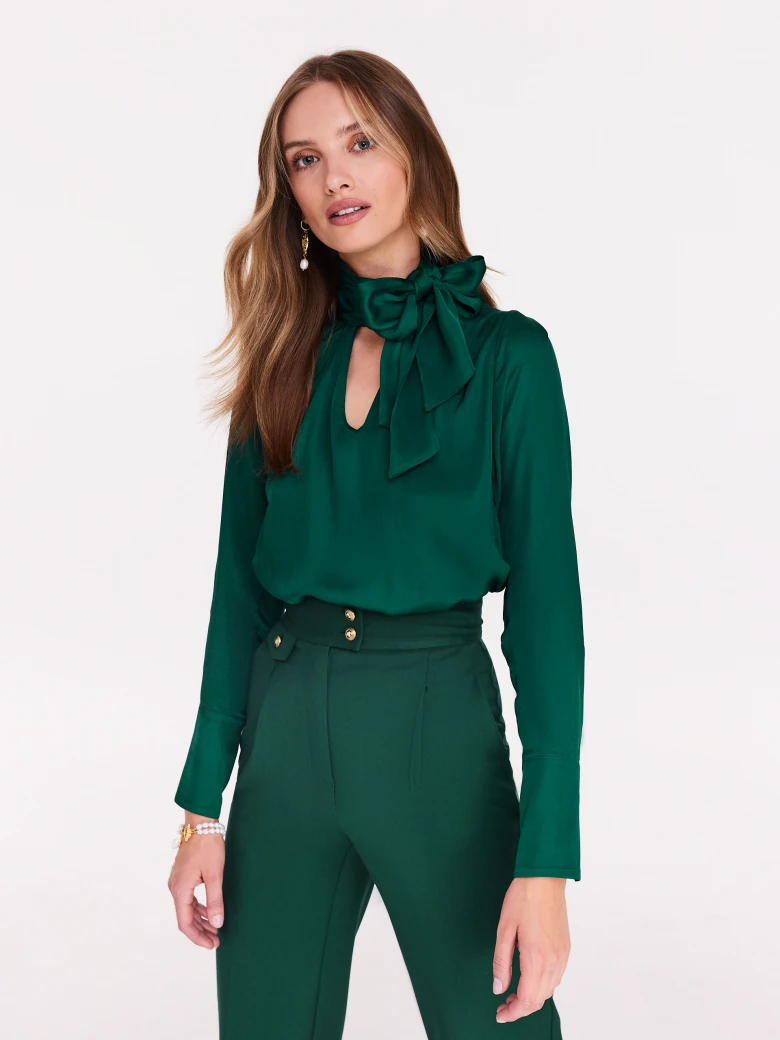 Green satin blouse with neck ties