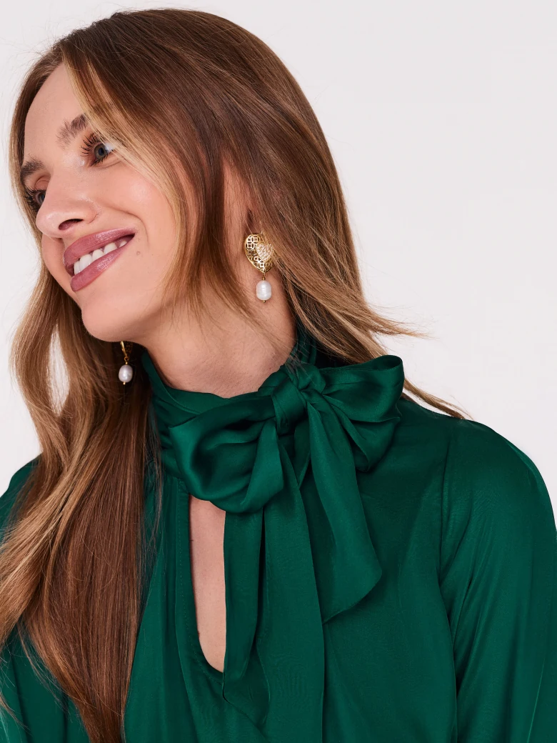 Green satin blouse with neck ties