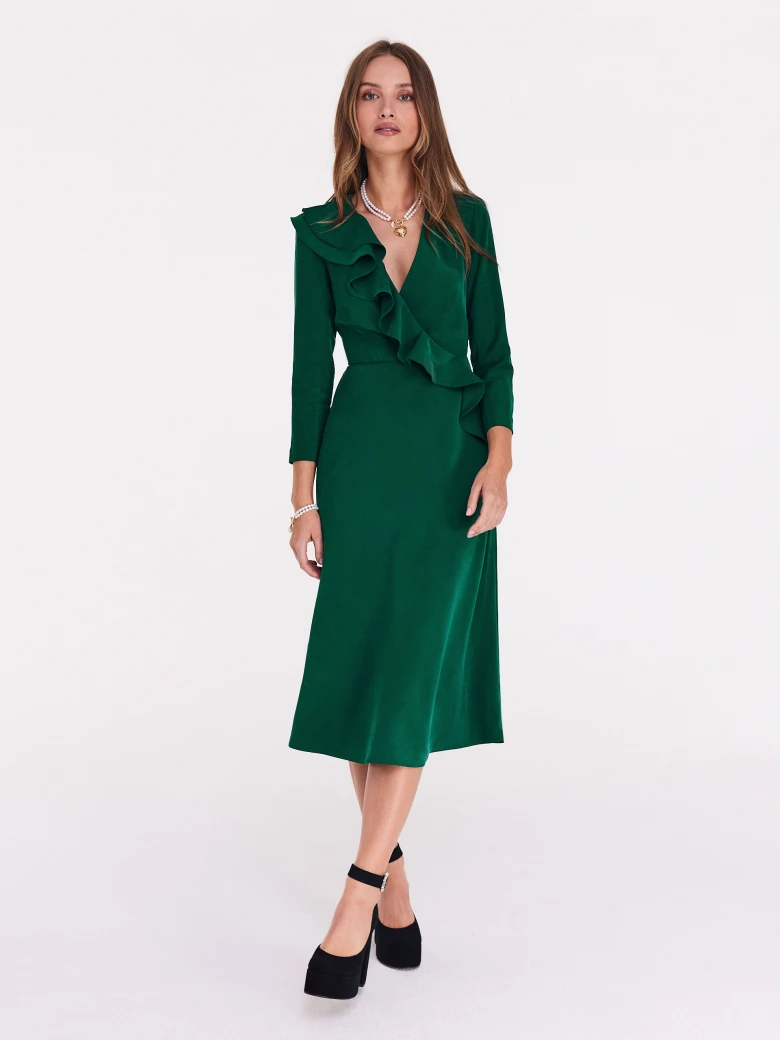 Dark green midi dress with ruffle