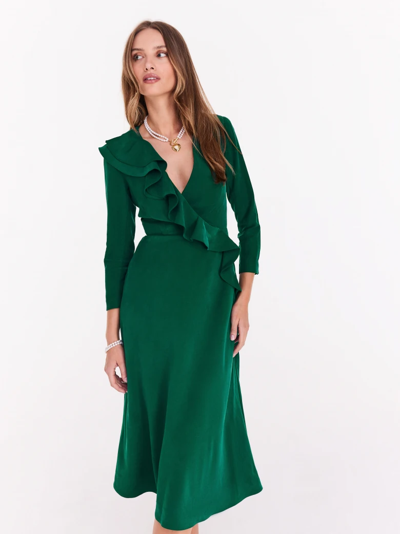 Dark green midi dress with ruffle